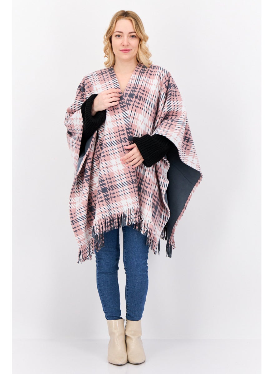 Women Plaid Open Front Poncho, Pink
