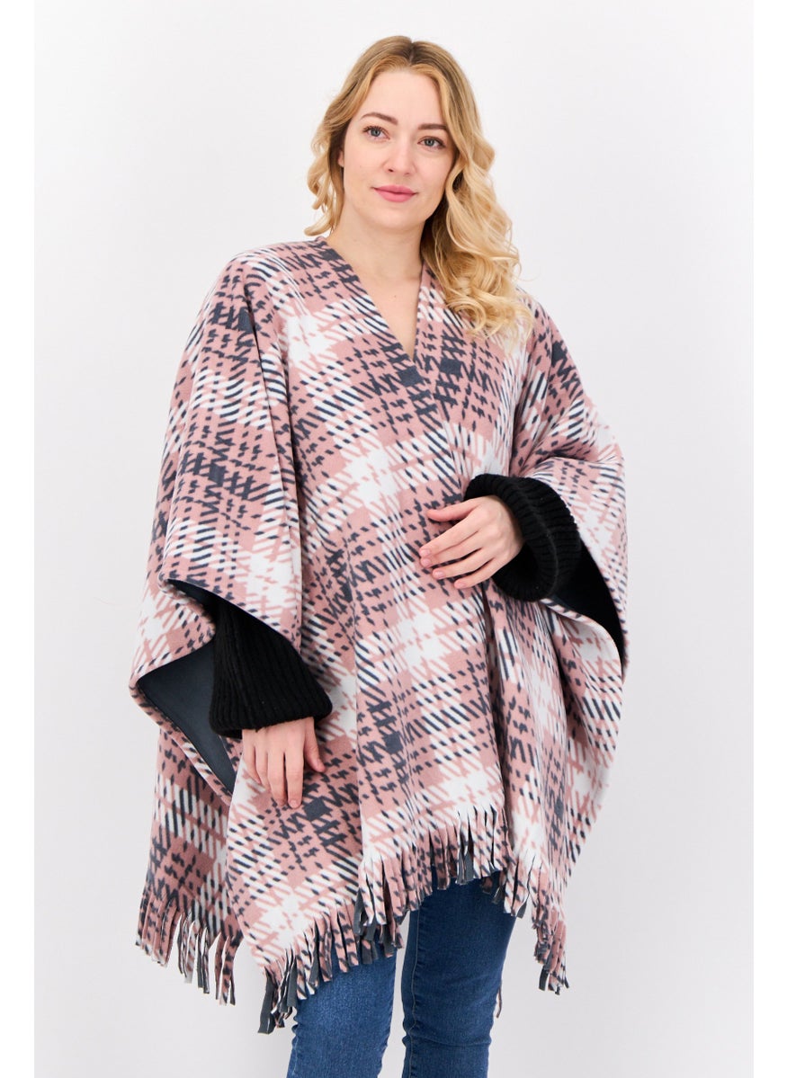 Women Plaid Open Front Poncho, Pink