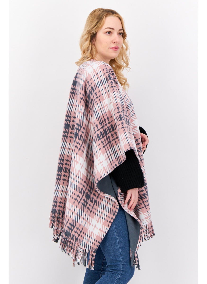 Women Plaid Open Front Poncho, Pink
