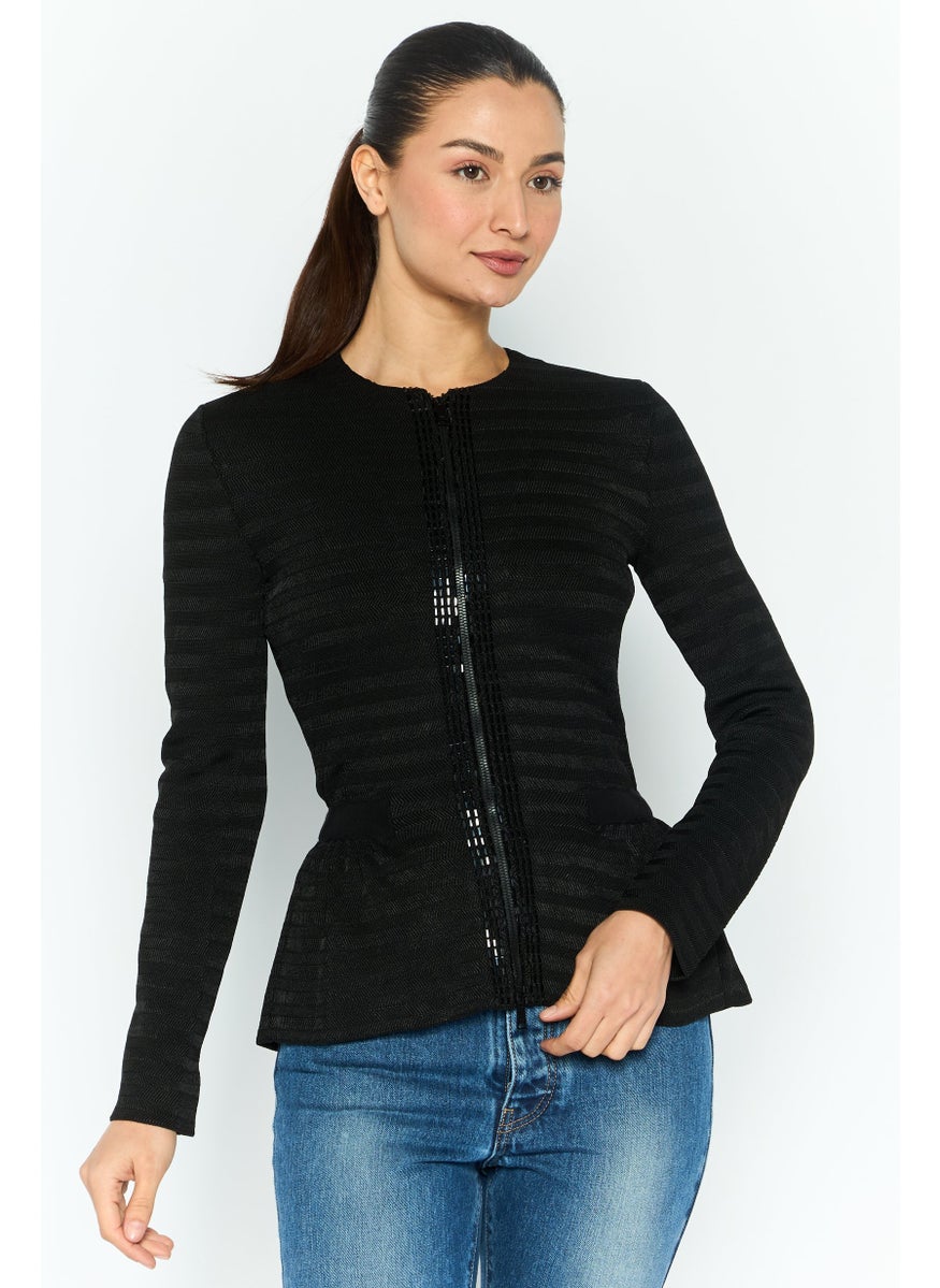 Women Round Neck Embellished Cardigan, Black