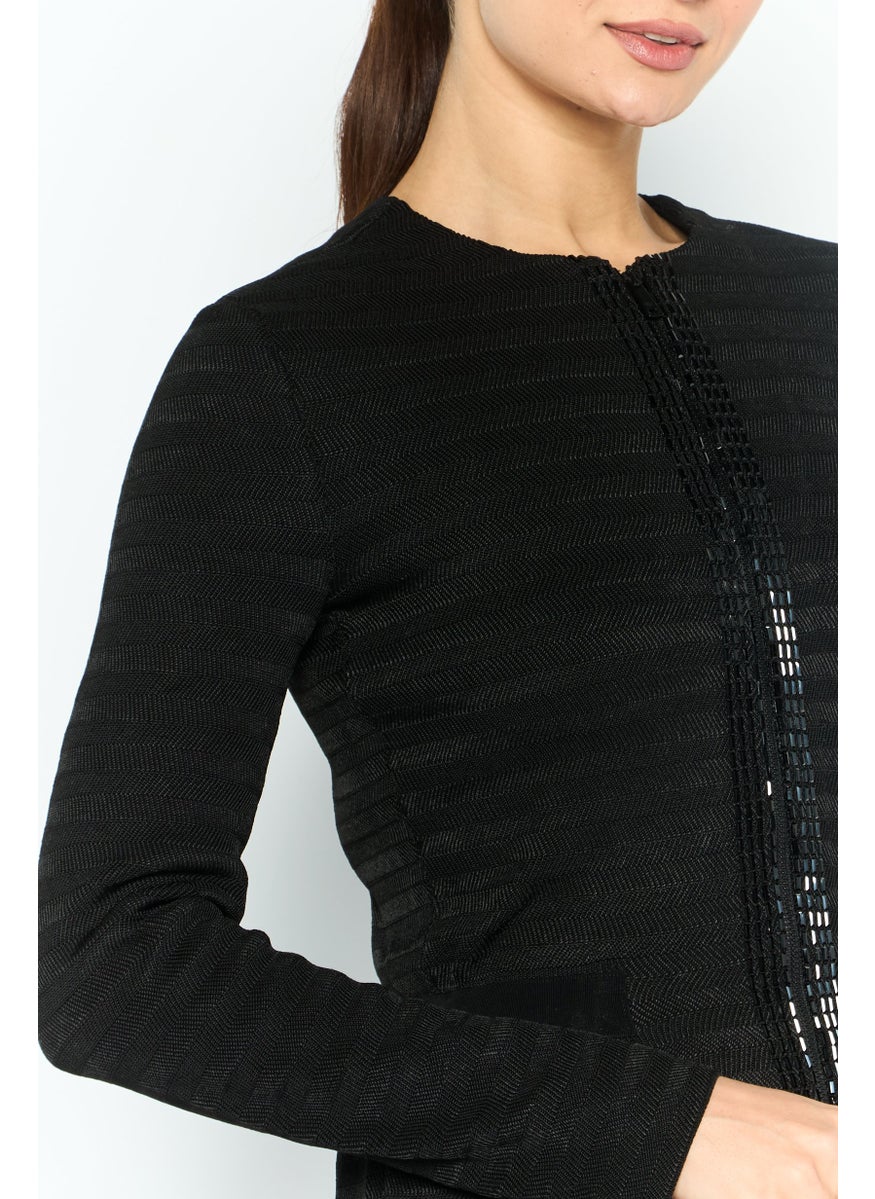 Women Round Neck Embellished Cardigan, Black