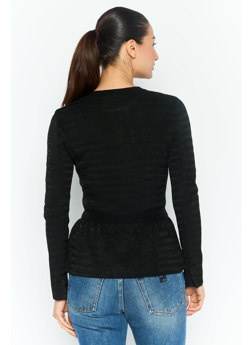 Women Round Neck Embellished Cardigan, Black