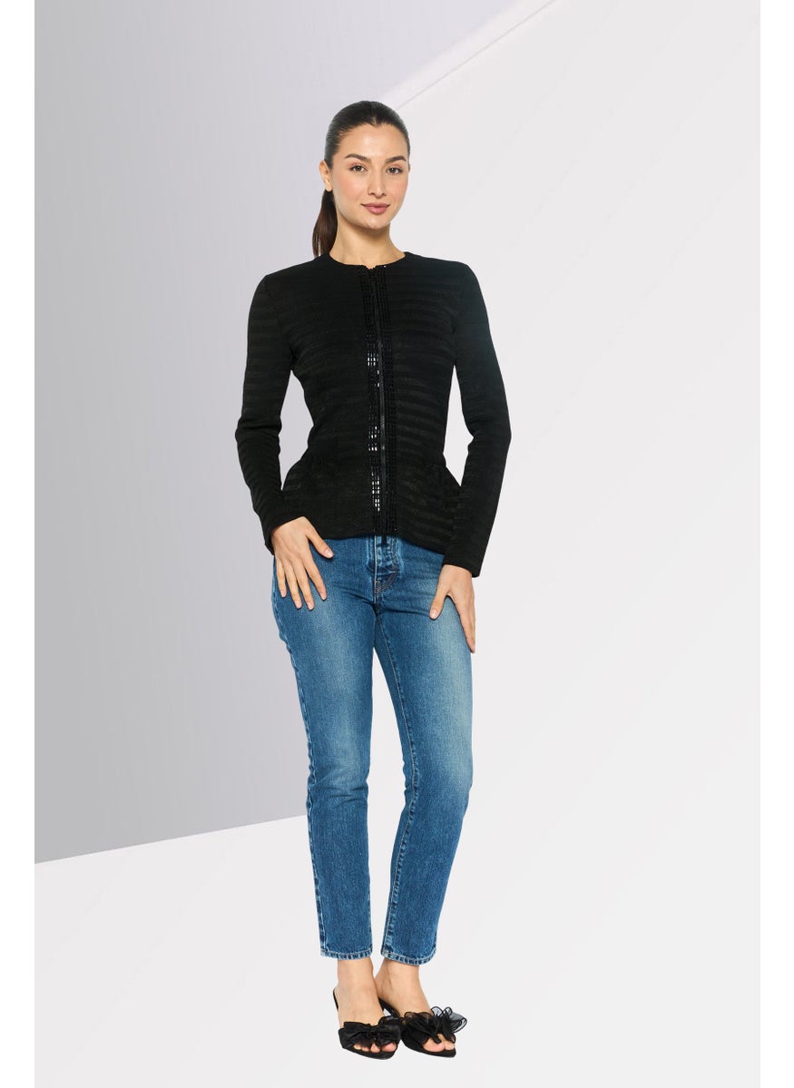 Women Round Neck Embellished Cardigan, Black