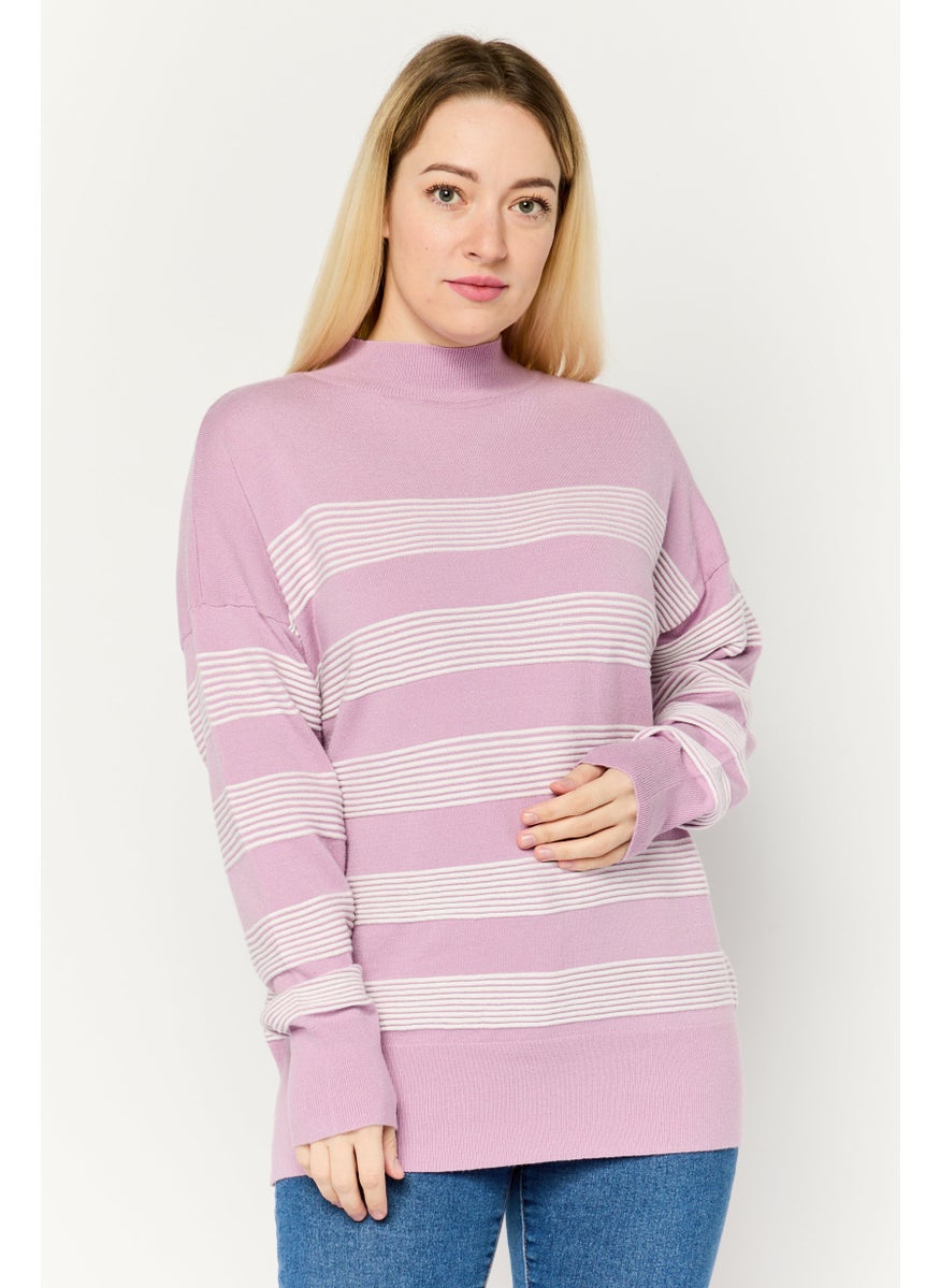 Women Mock Neck Stripped Sweater, Lavender