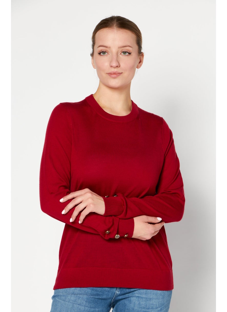 Women Crew Neck Long Sleeve Knitted Sweater, Dark Red