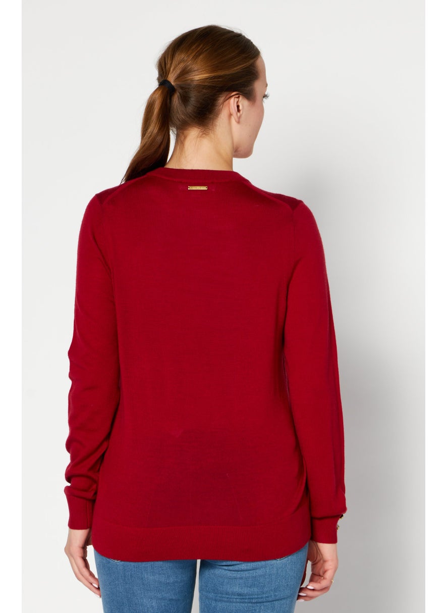 Women Crew Neck Long Sleeve Knitted Sweater, Dark Red