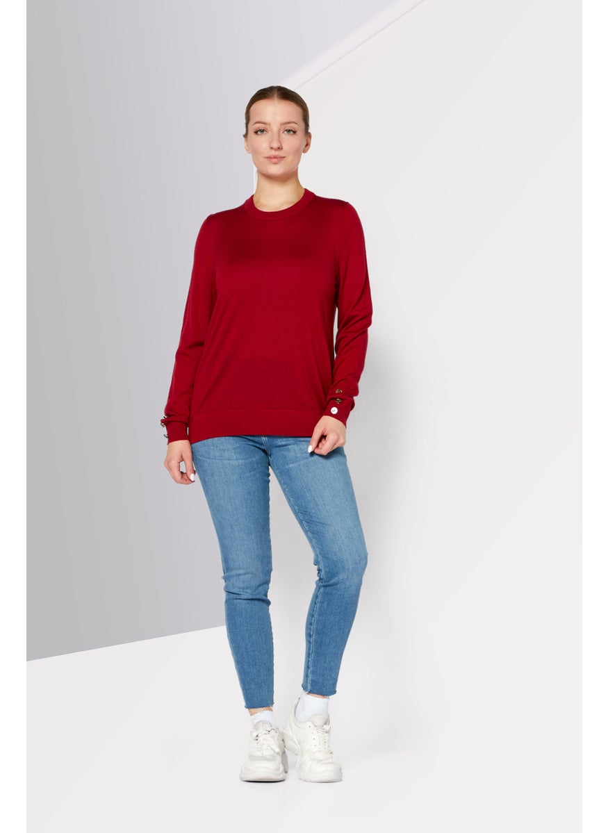 Women Crew Neck Long Sleeve Knitted Sweater, Dark Red