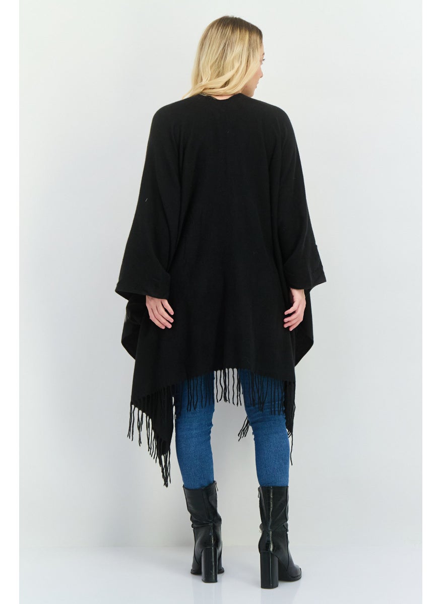 Women Plain Ruana Shawl Poncho130 L x 80 H cm, Black