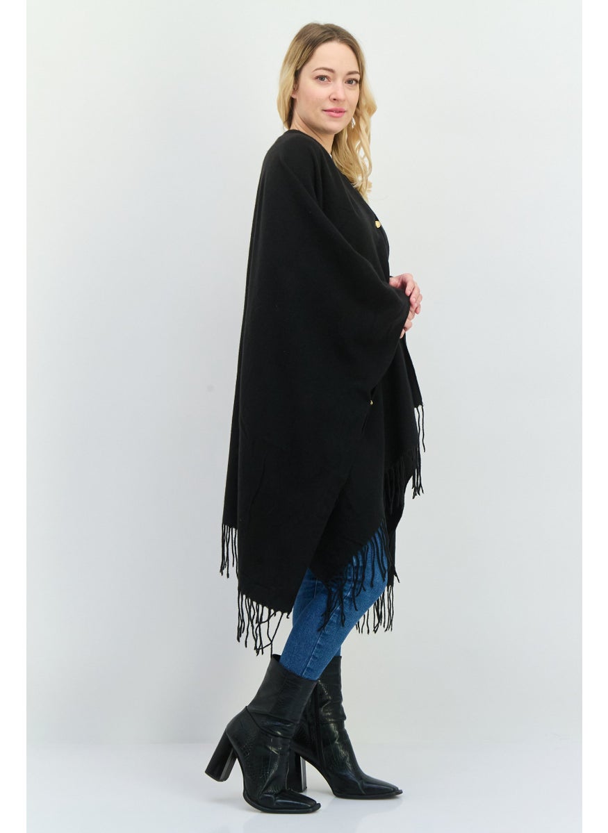 Women Plain Ruana Shawl Poncho130 L x 80 H cm, Black