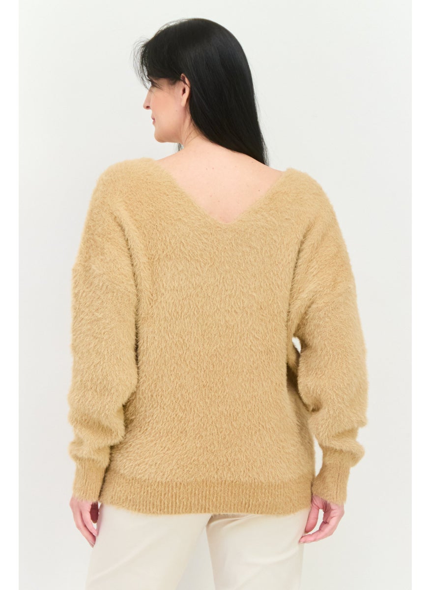 Women V Neck Knitted Sweater, Tan