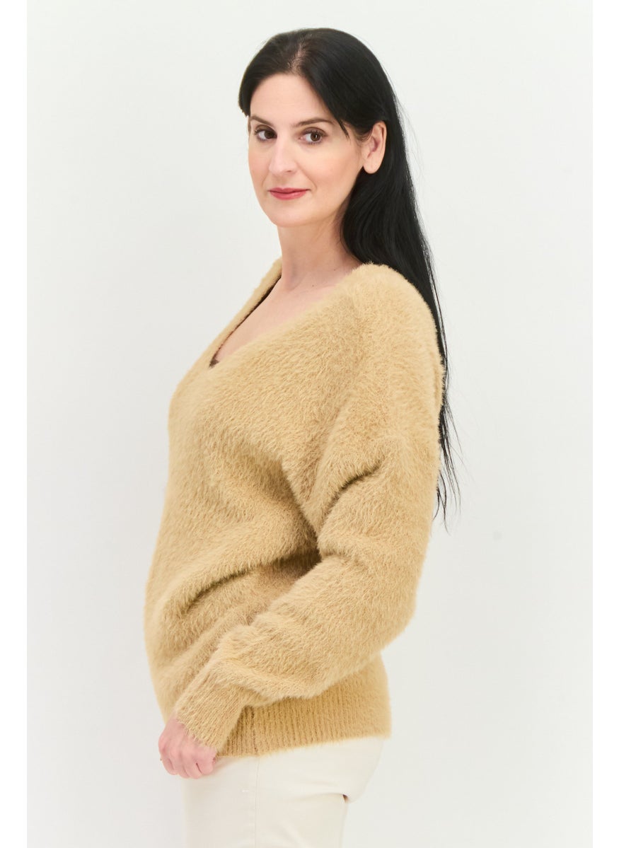 Women V Neck Knitted Sweater, Tan