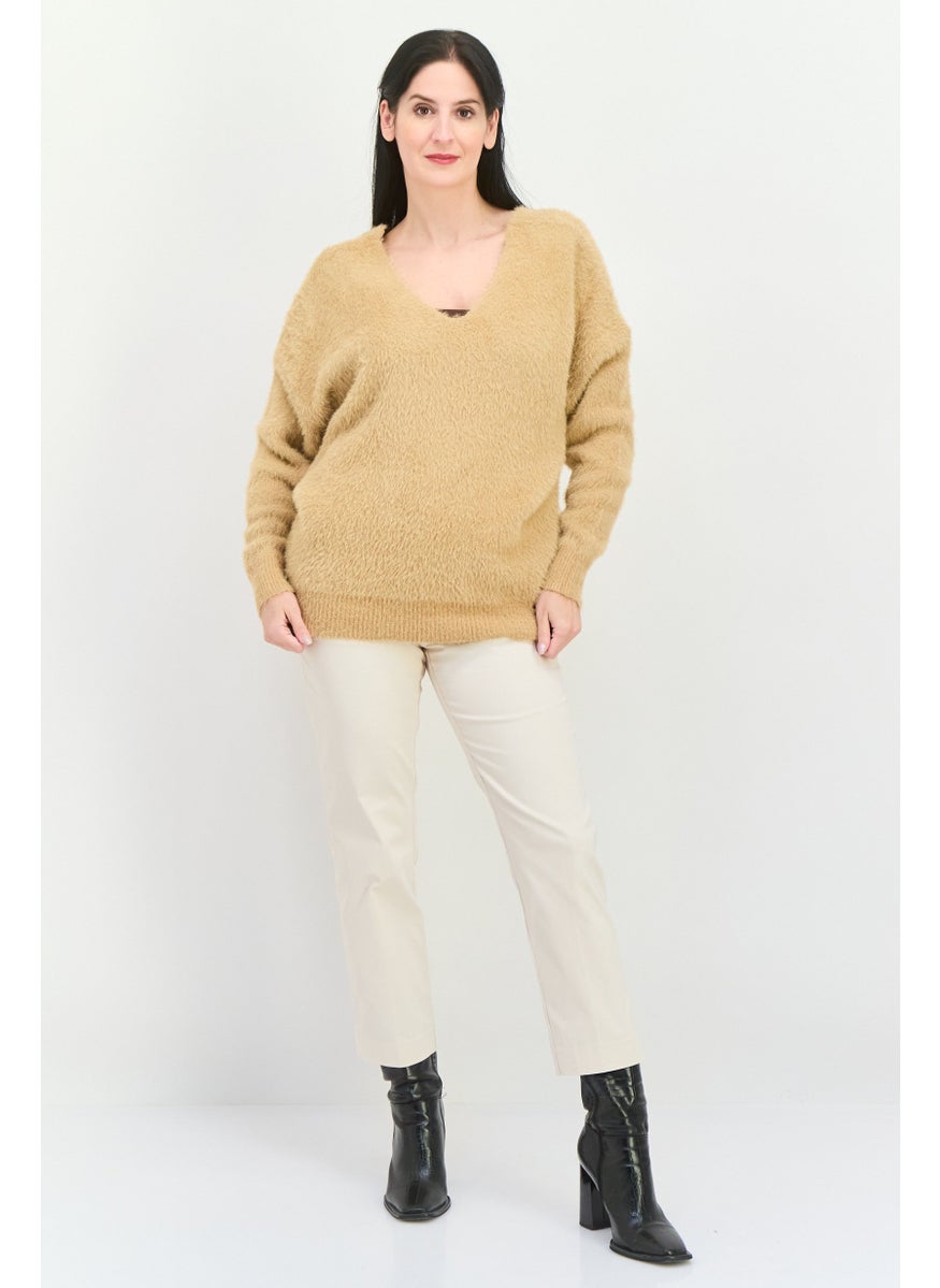 Women V Neck Knitted Sweater, Tan