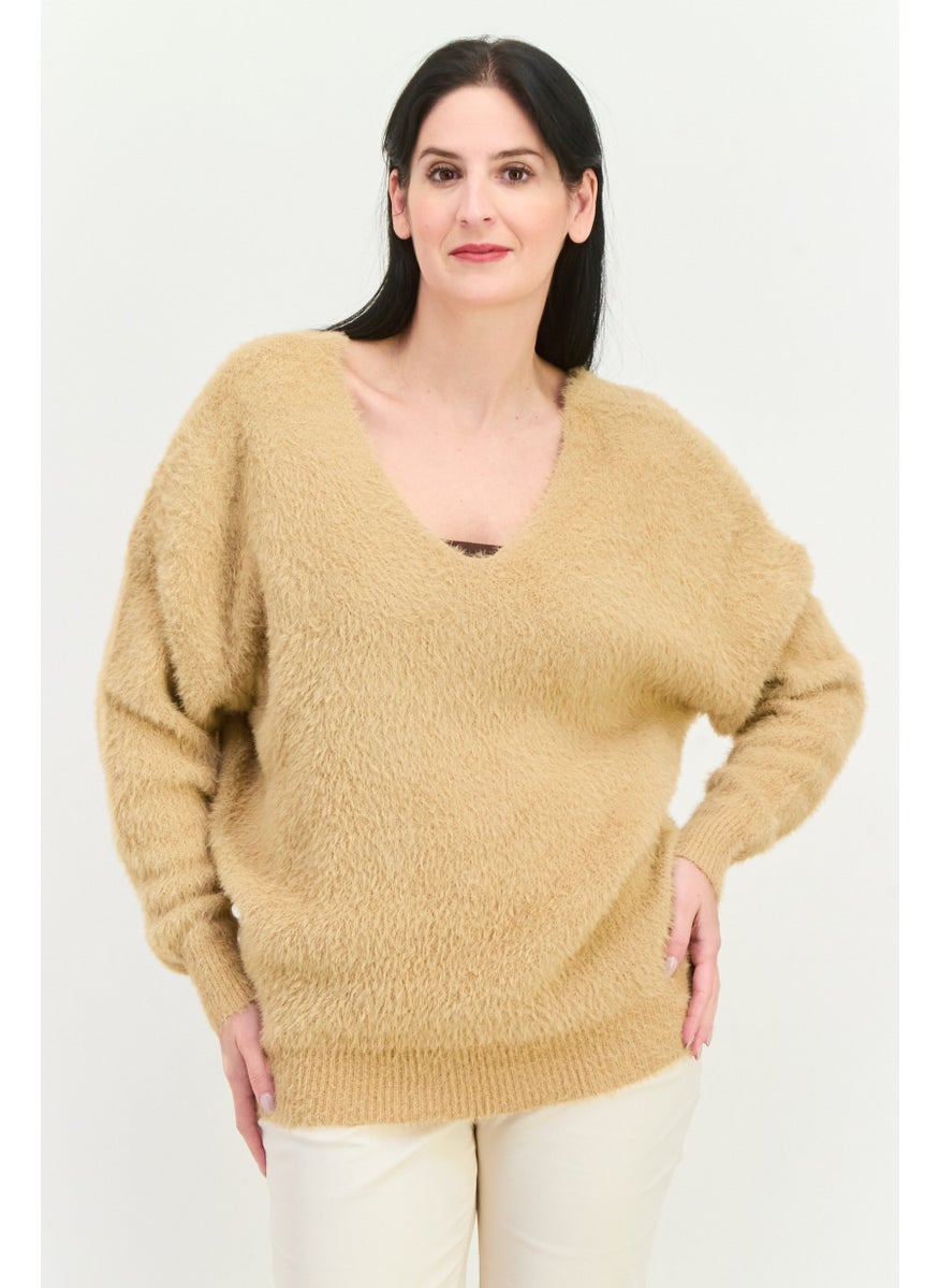 Women V Neck Knitted Sweater, Tan