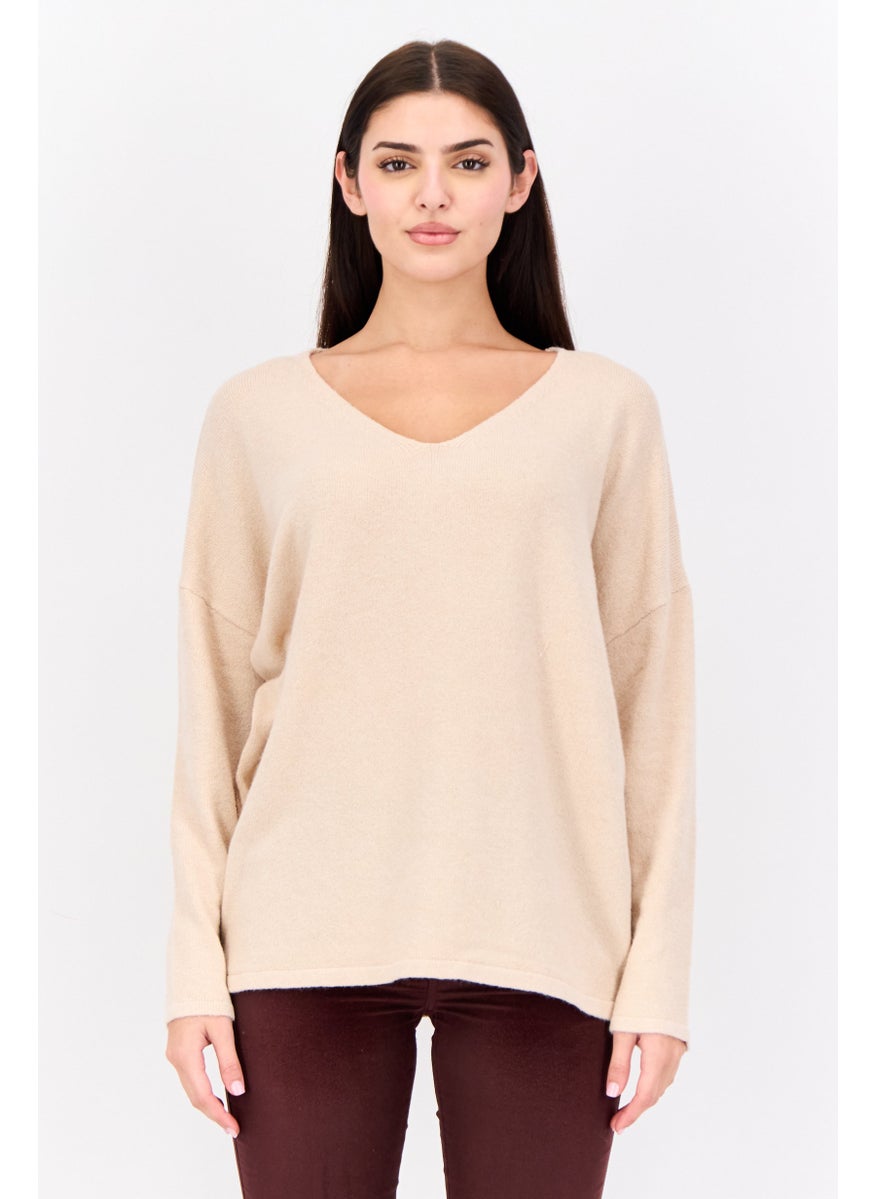 Women V Neck Long Sleeve Knitted Sweater, Beige