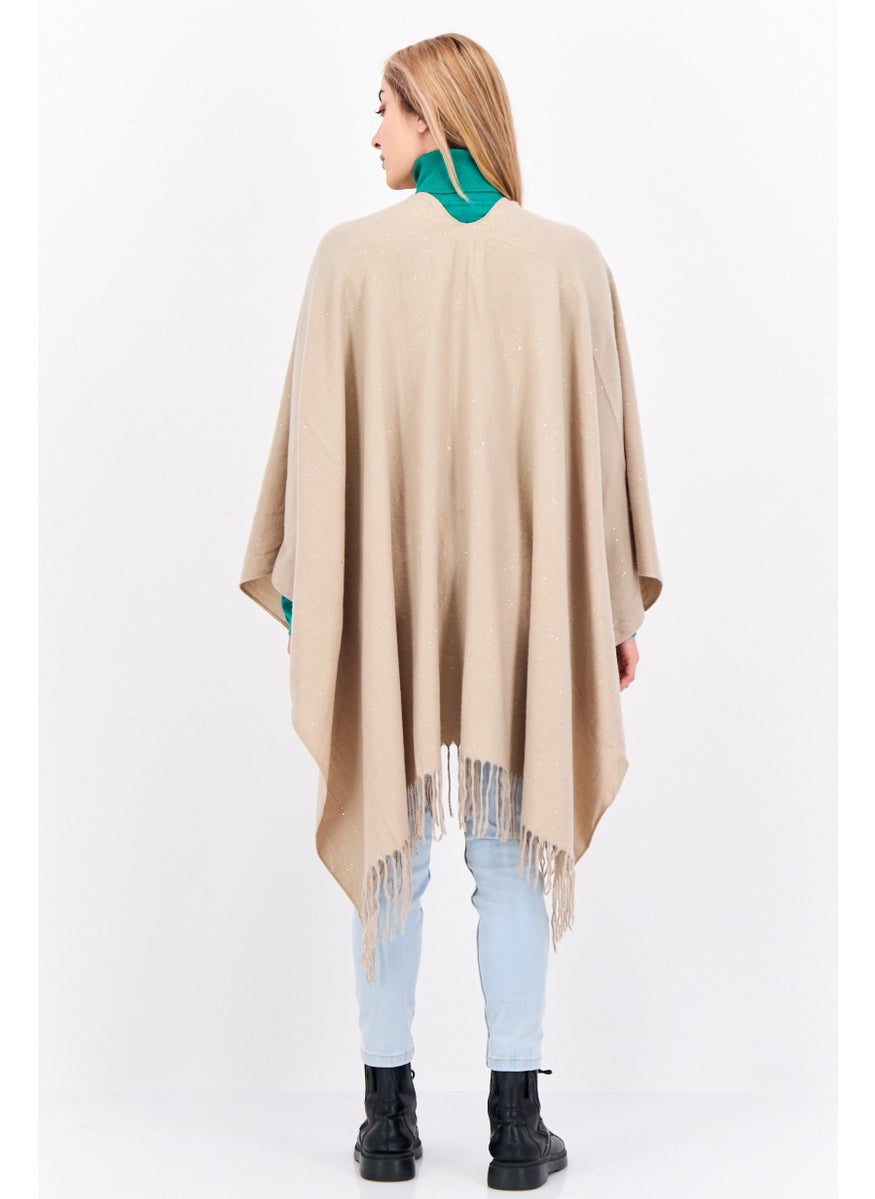 Women Plain Poncho Sweater, Taupe