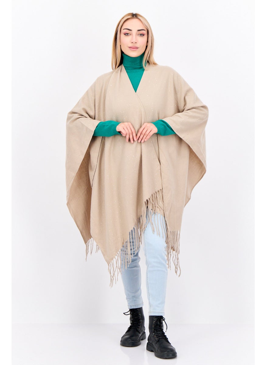 Women Plain Poncho Sweater, Taupe
