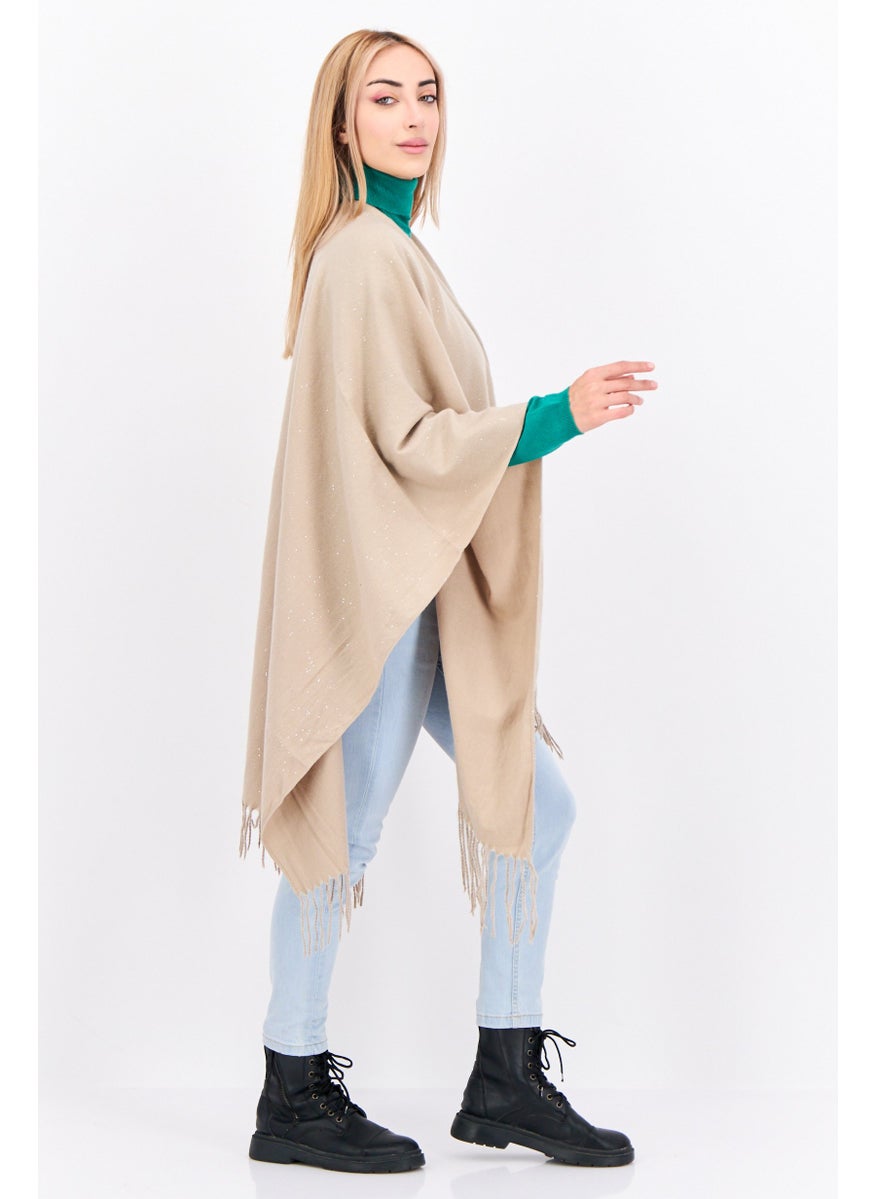 Women Plain Poncho Sweater, Taupe