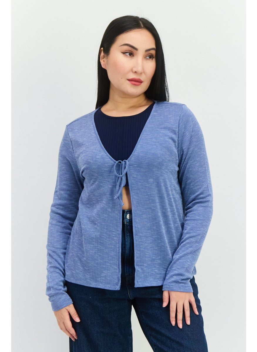 Women Tie Neck Ribbed Cardigan, Blue