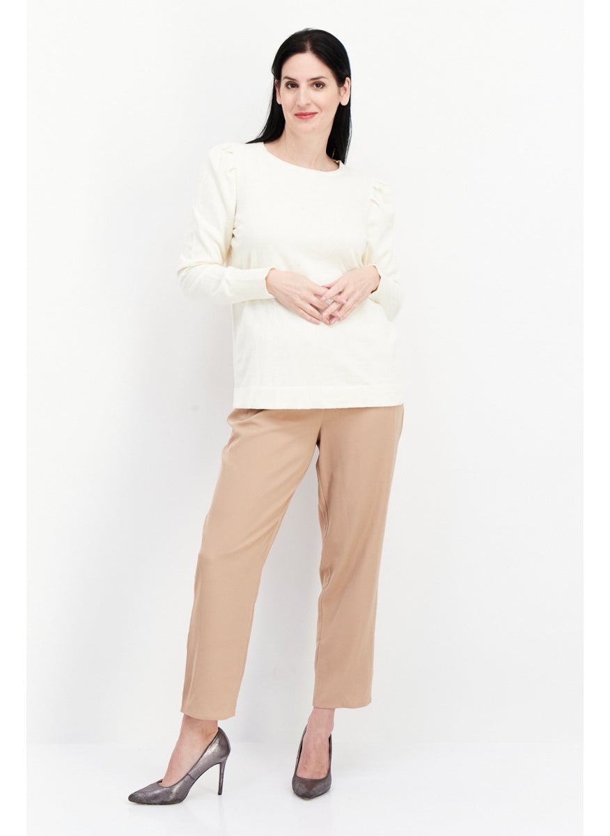 Women Boat Neck Ribbed Sweatshirt, Beige