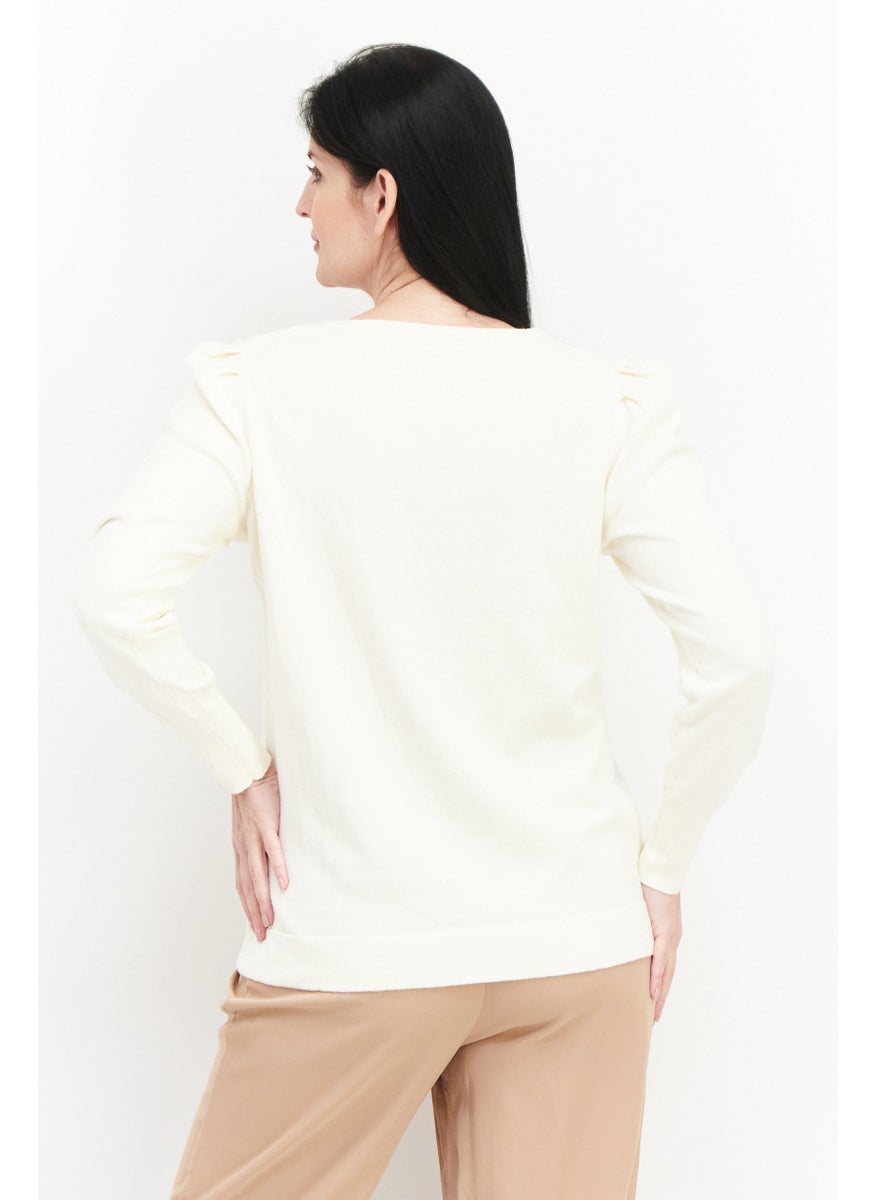 Women Boat Neck Ribbed Sweatshirt, Beige