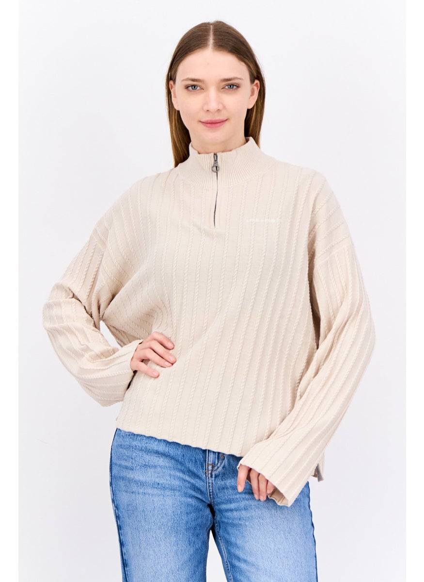 Women Mock Neck Knitted Sweater, Beige