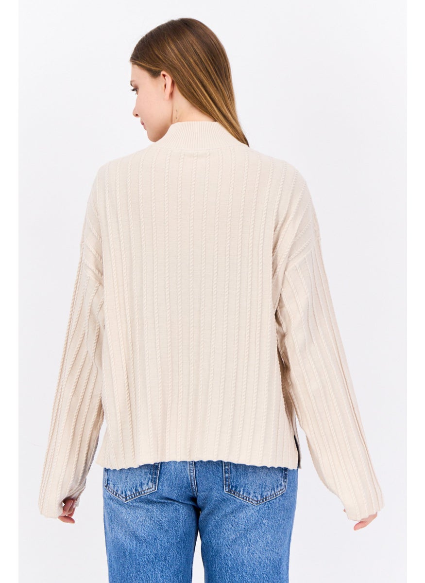 Women Mock Neck Knitted Sweater, Beige