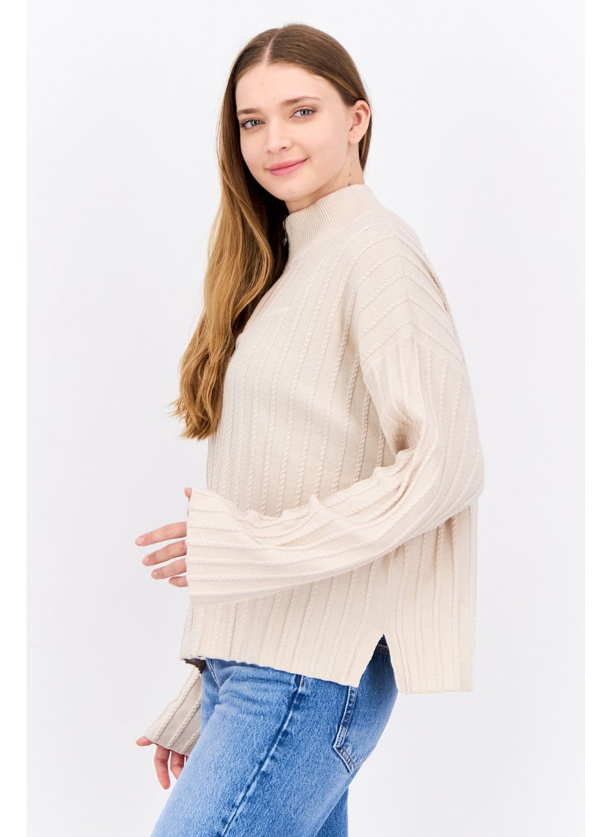 Women Mock Neck Knitted Sweater, Beige