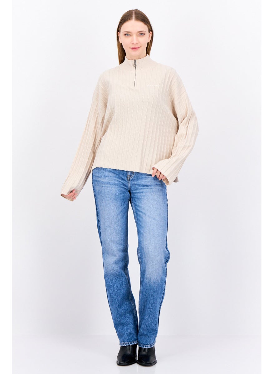 Women Mock Neck Knitted Sweater, Beige