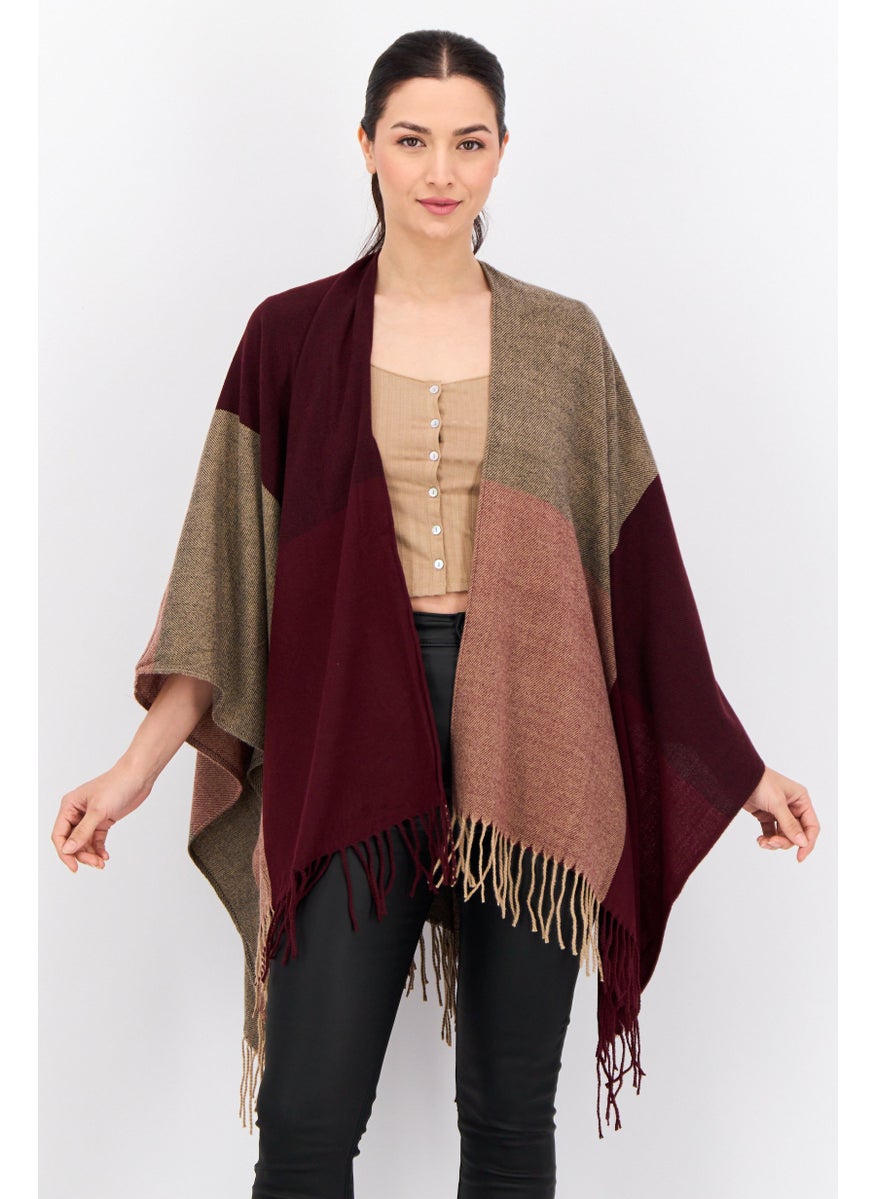 Women Colorblock Ruana Poncho 140 L x 128 H cm, Maroon Combo