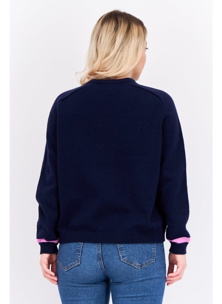 Women Crew Neck Brand Logo Sweater, Navy Combo