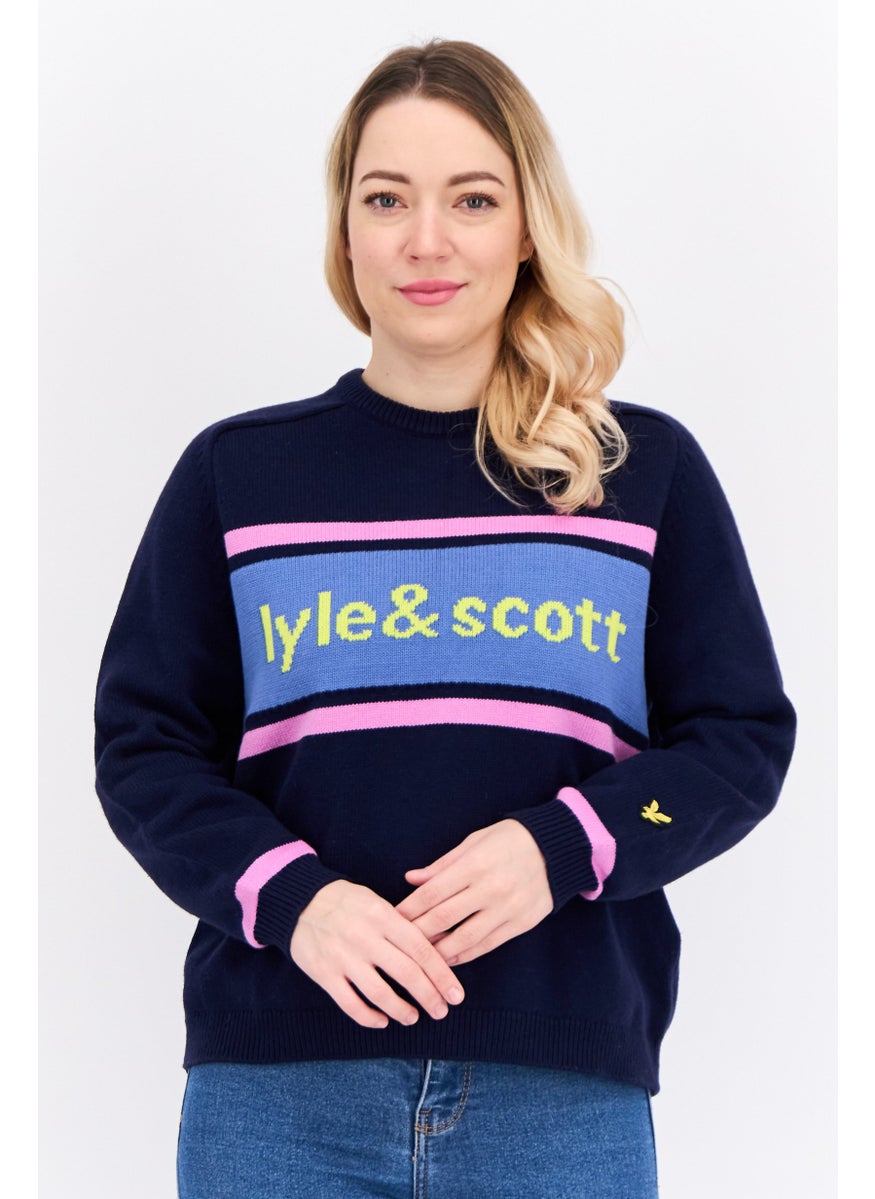 Women Crew Neck Brand Logo Sweater, Navy Combo