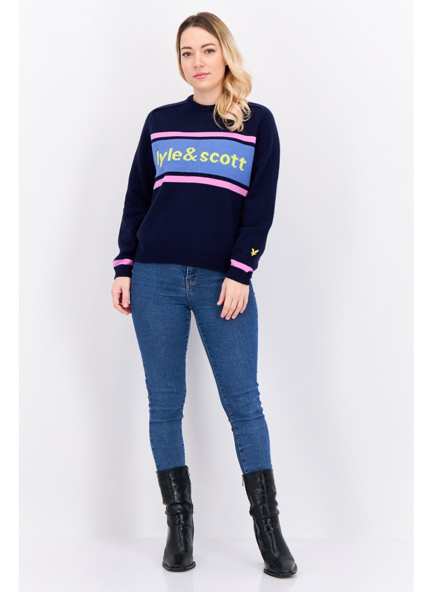 Women Crew Neck Brand Logo Sweater, Navy Combo
