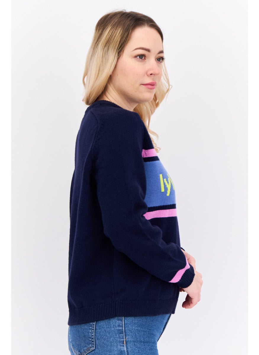 Women Crew Neck Brand Logo Sweater, Navy Combo