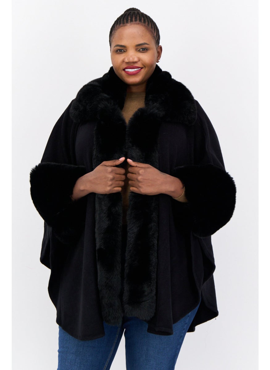 Women Split Neck Faux Fur Poncho, Black