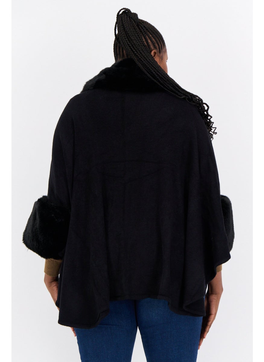 Women Split Neck Faux Fur Poncho, Black