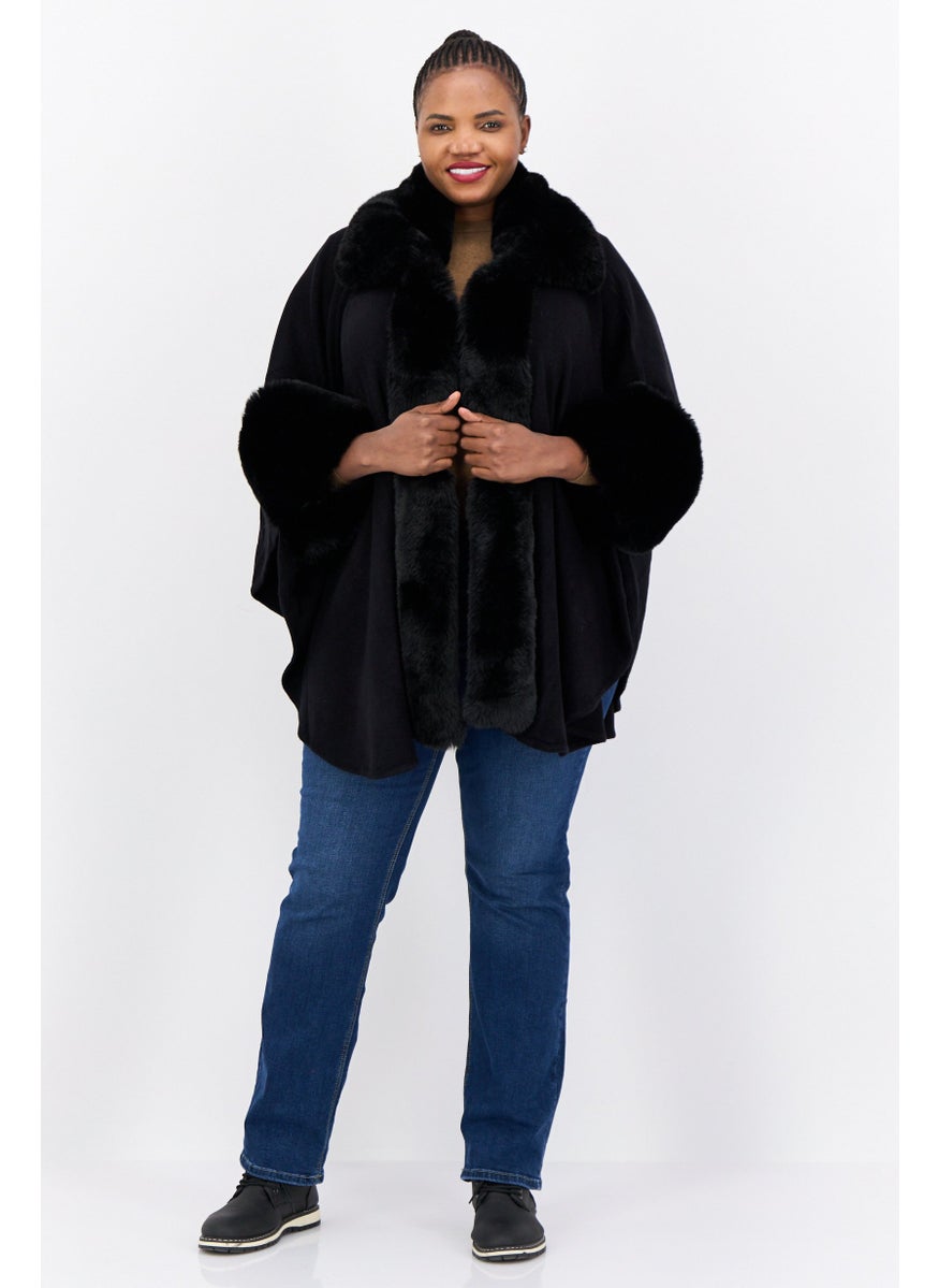 Women Split Neck Faux Fur Poncho, Black