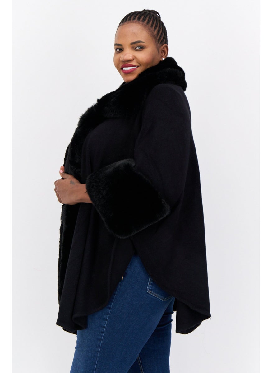 Women Split Neck Faux Fur Poncho, Black