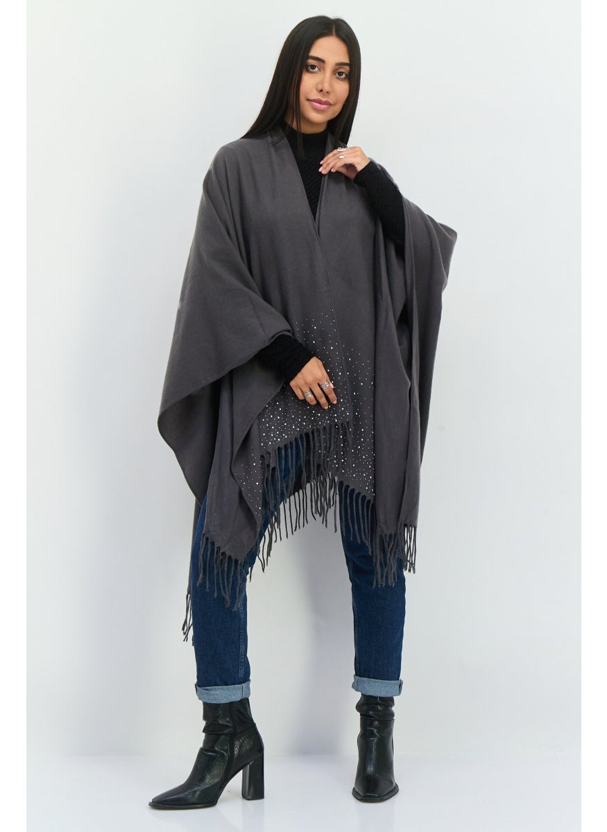 Women Textured Poncho, Charcoal