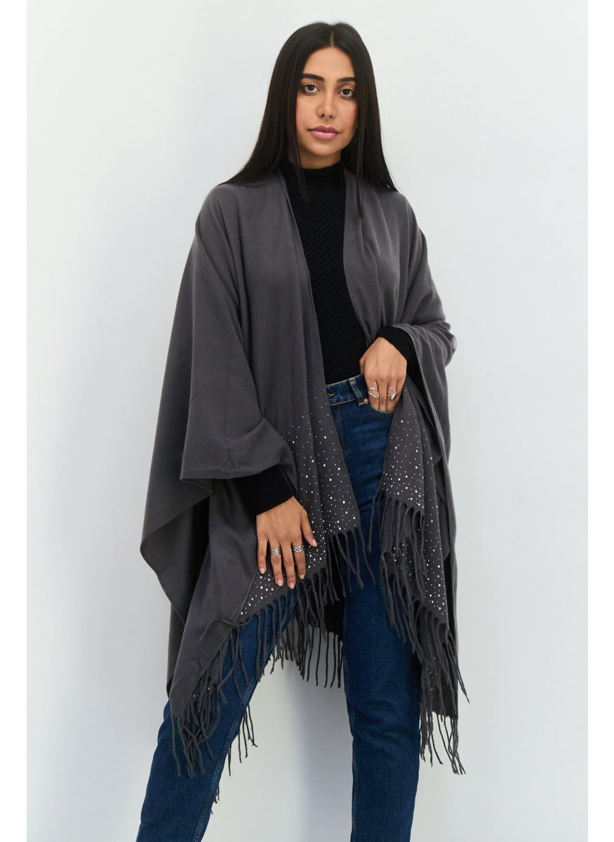 Women Textured Poncho, Charcoal