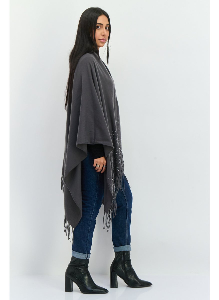 Women Textured Poncho, Charcoal
