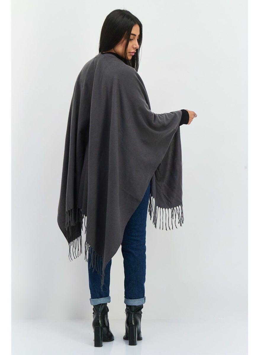 Women Textured Poncho, Charcoal