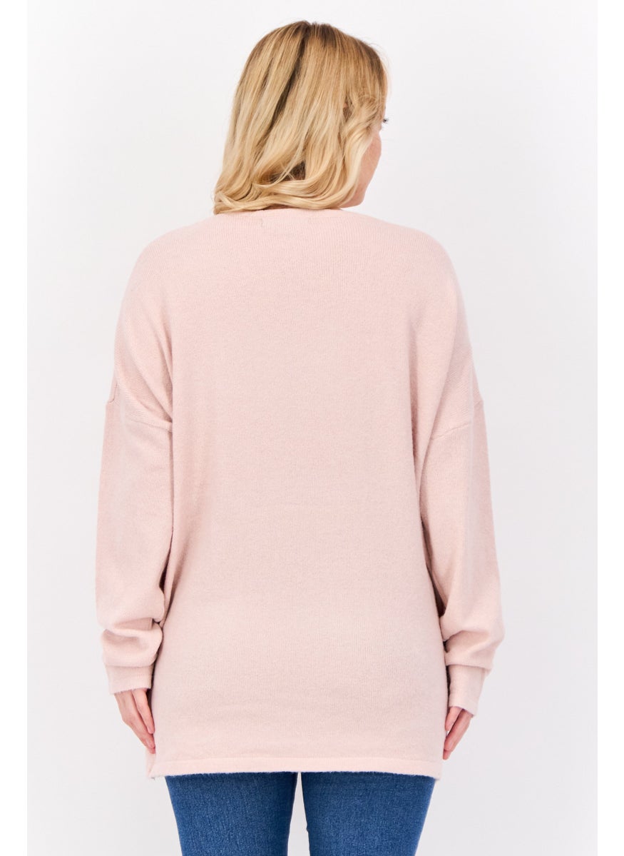 Women V Neck Knitted Sweater, Pink