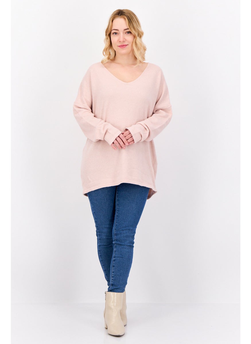 Women V Neck Knitted Sweater, Pink
