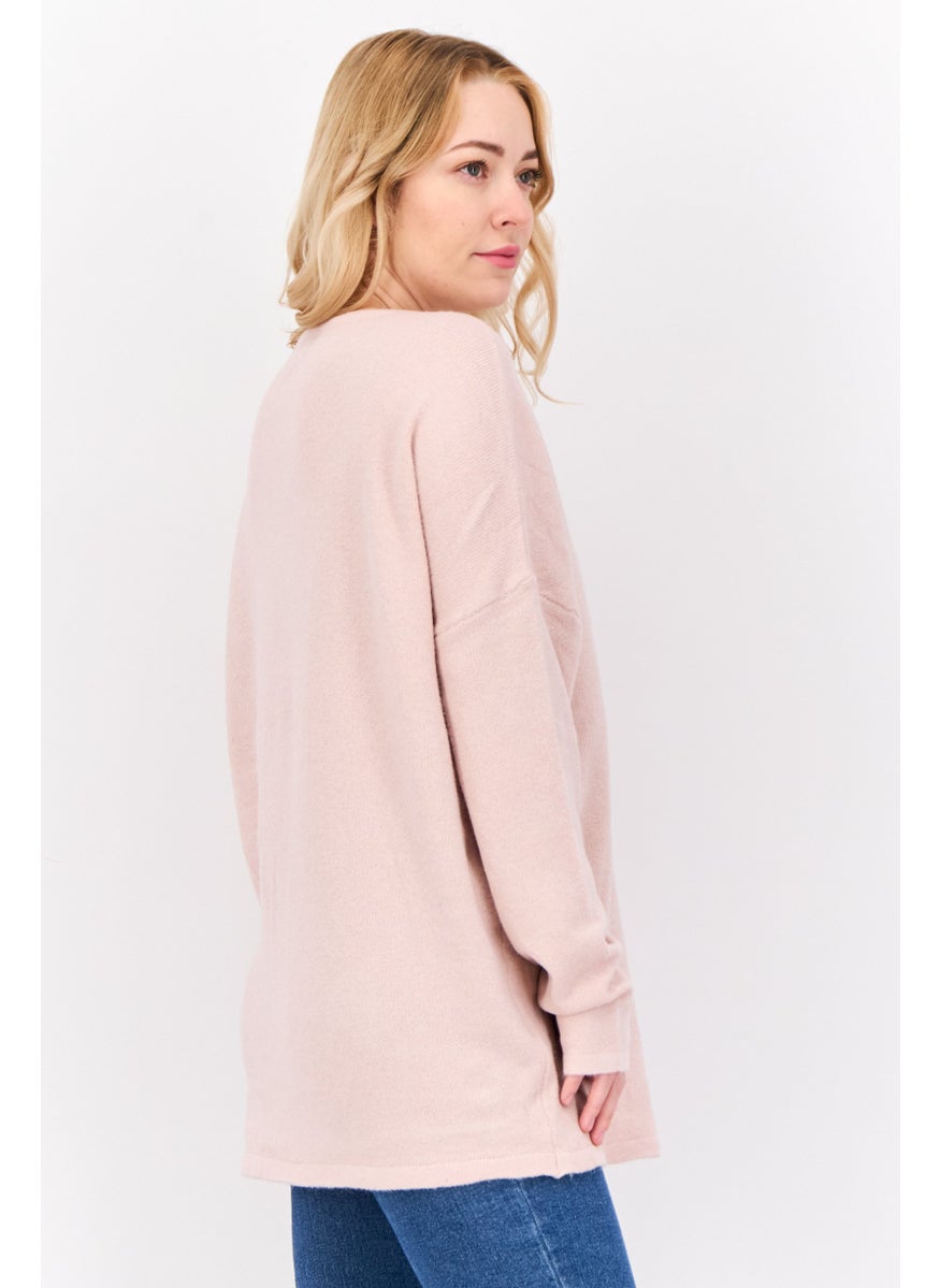 Women V Neck Knitted Sweater, Pink