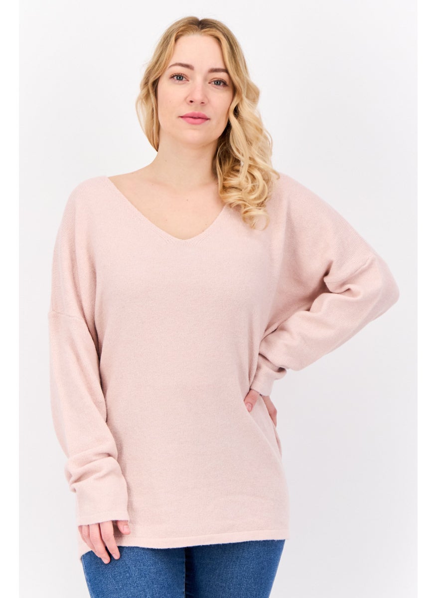 Women V Neck Knitted Sweater, Pink