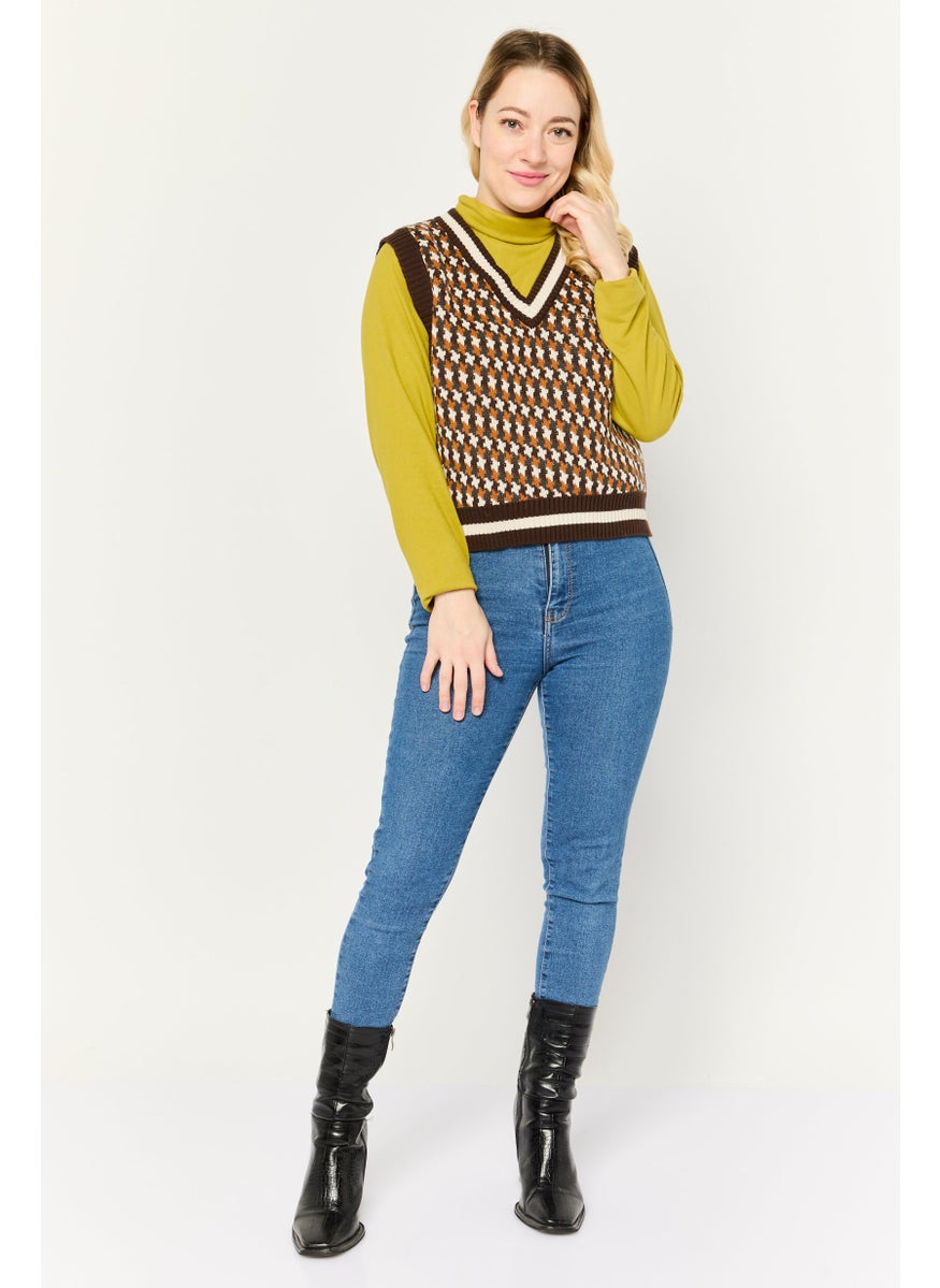Women V-Neck Houndstooth Print Sleeveless Vest, Brown Combo