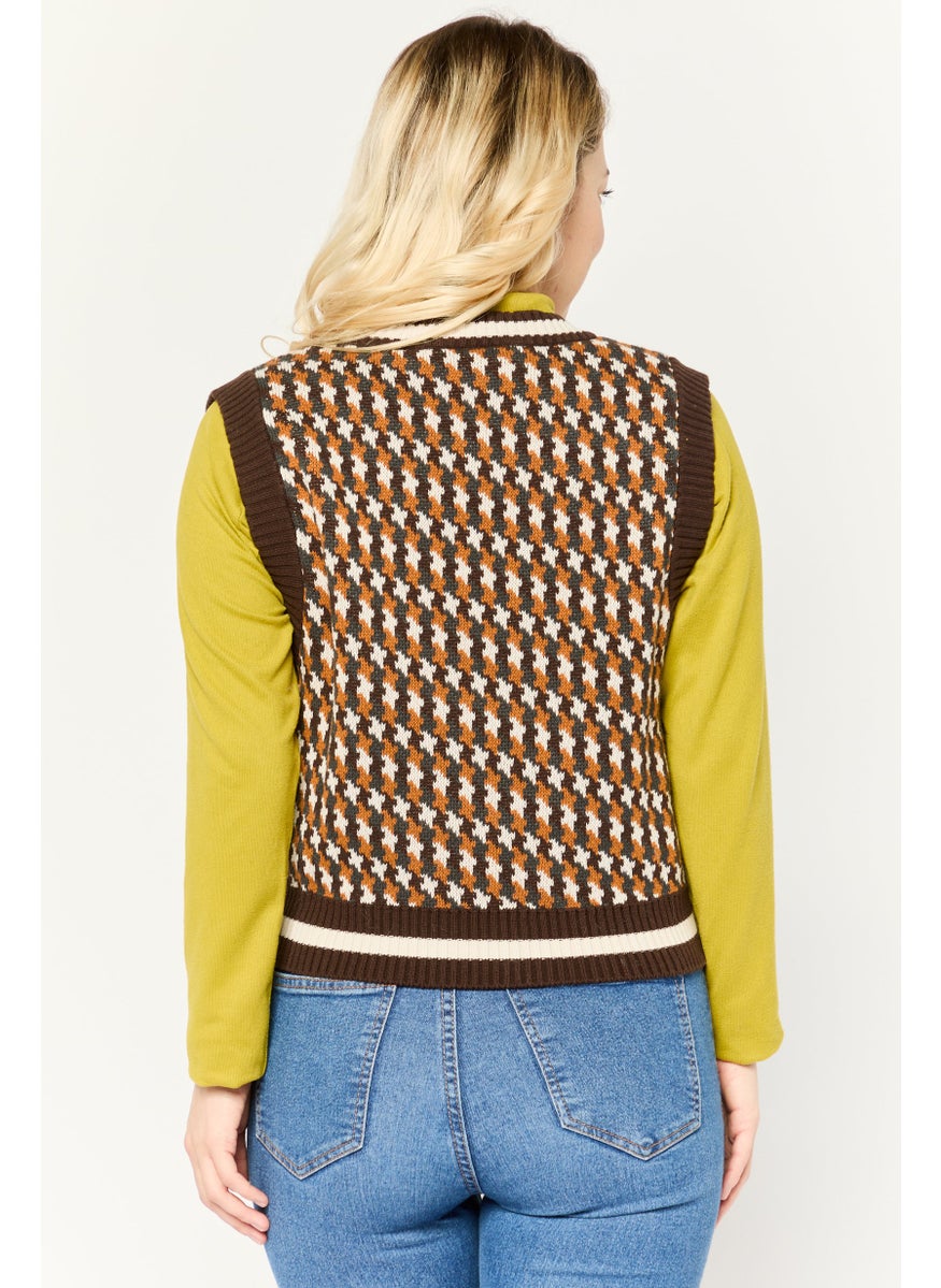 Women V-Neck Houndstooth Print Sleeveless Vest, Brown Combo