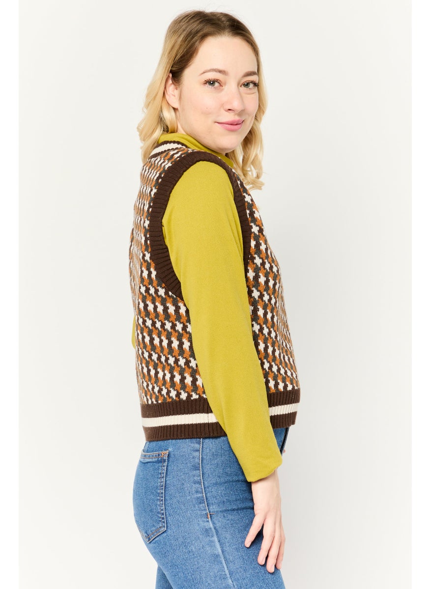 Women V-Neck Houndstooth Print Sleeveless Vest, Brown Combo