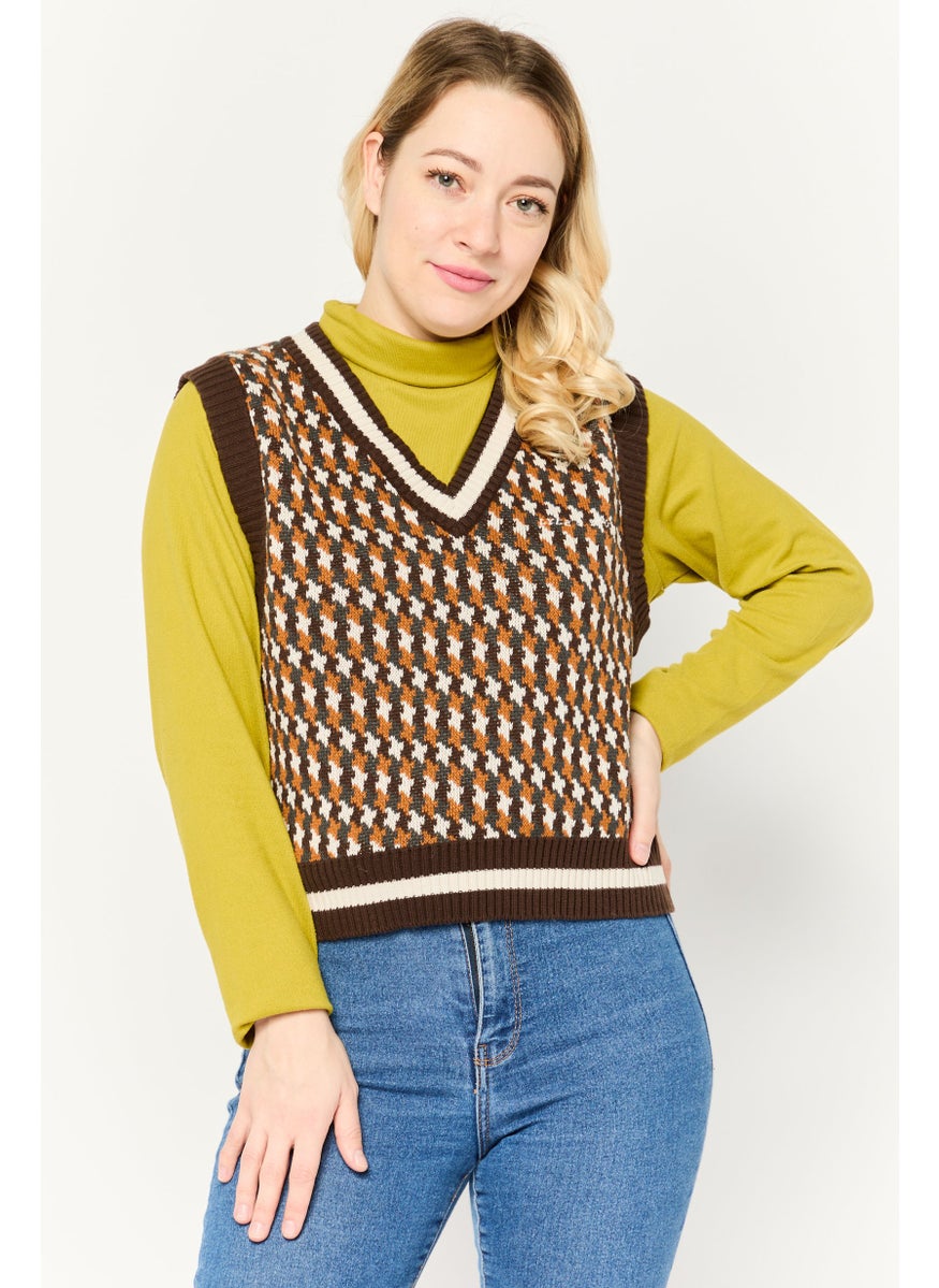 Women V-Neck Houndstooth Print Sleeveless Vest, Brown Combo