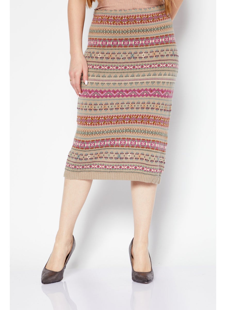 Women Allover Print Midi Skirt, Beige Combo